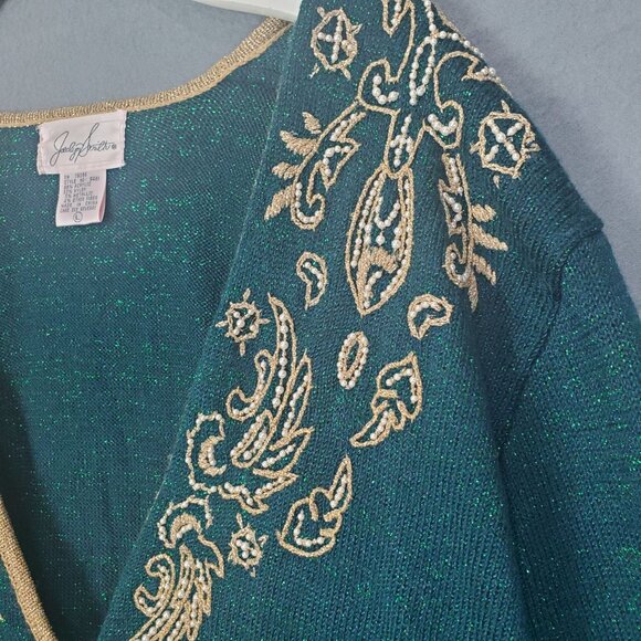 VINTAGE JACLYN SMITH Womens Cardigan Large Gold Green Sparkle Metallic Christmas - Picture 4 of 6